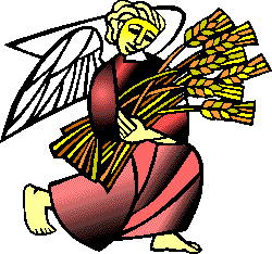 Angel holding bundle of harvested wheat.