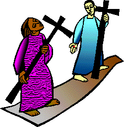 Jesus carrying cross and motioning to woman disciple (also carrying cross) to follow him on path.