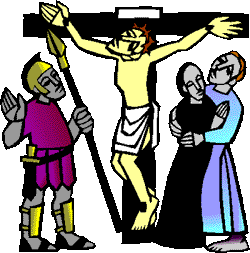Jesus on cross, Roman soldier on one side, Mary and John on the other.