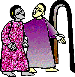Jesus directing woman into doorway.