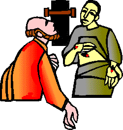 Jesus showing wounds to Thomas, locked door in background.