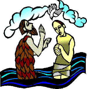 John the Baptist baptizing Jesus in river, dove and cloud overhead.