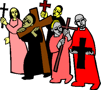 Five people each carrying a different size cross.